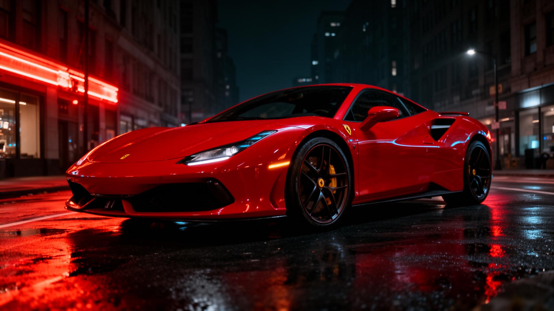 Luxury red sports car under night neon lights